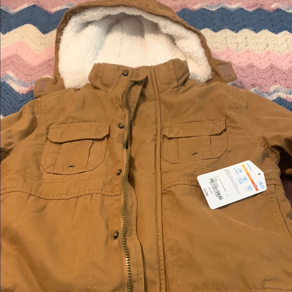 Kids Tan Hooded fleeced jacket with zip out vest.  Super warm and brand new